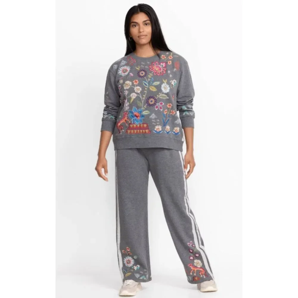 Johnny Was Griffin Wide Leg Ribbon Pant in Embroidered Grey Marled size Small - Picture 5 of 16